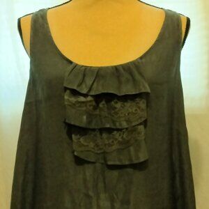 Grey silky sleeveless shirt.